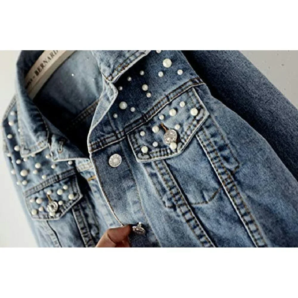 Oversized Denim Jacket with Pearl Beading, Distressed Wash, Customizable